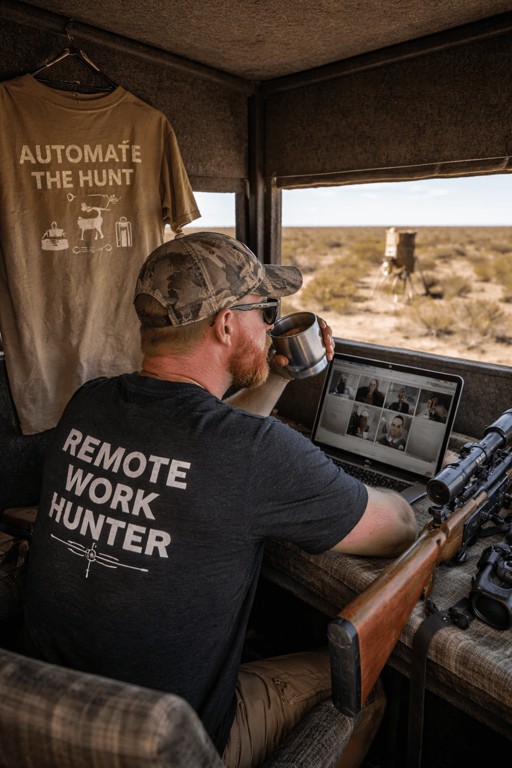 Kyle "Bart" Bartlett at the deer blind on his family's property in West Texas
