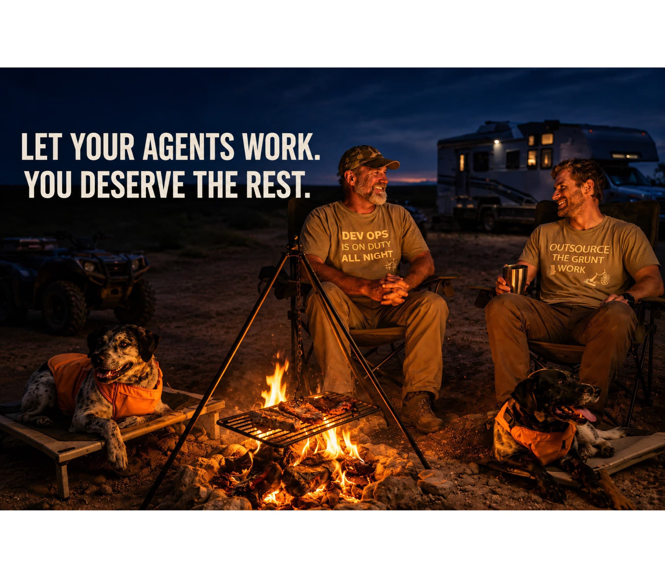 Let your agents work, you deserve the rest. Two operators and their dogs around a campfire in the desert at dusk