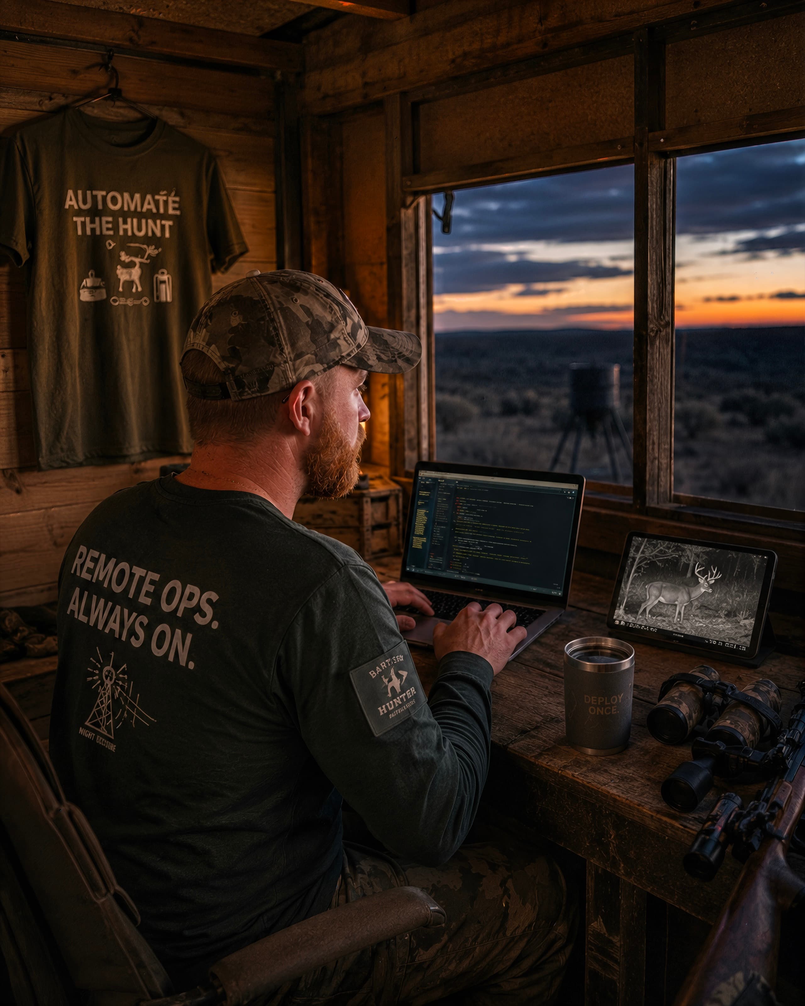 Kyle 'Bart' Bartlett at work in his West Texas hunting blind: MacBook open to a code editor, trail cam showing a mature buck on the tablet beside it, Automate the Hunt shirt on the wall. This is where Bart's Tees was built.
