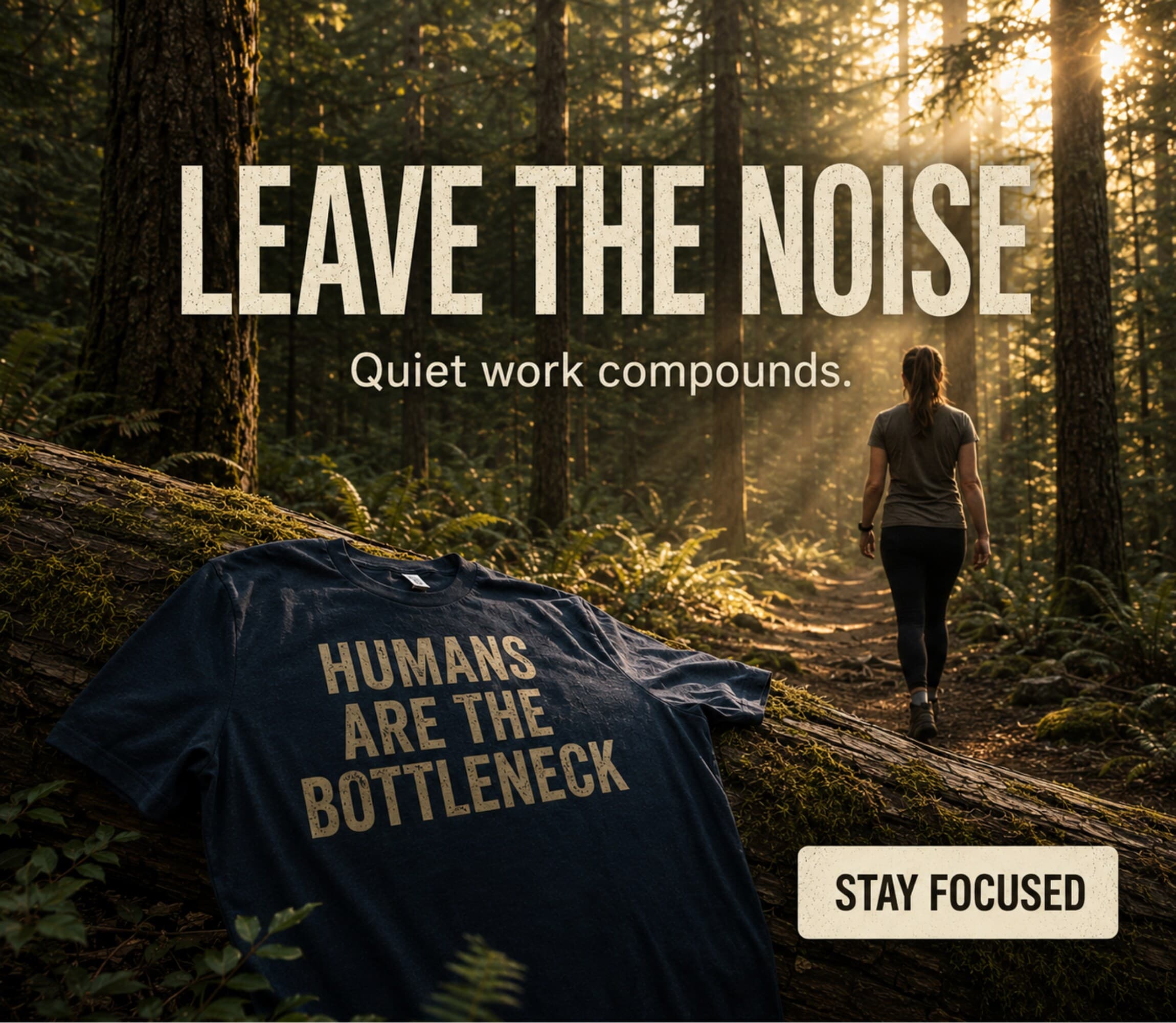 Leave the noise, quiet work compounds. Hiker on a misty forest trail with a Bart's Tees 'Humans Are the Bottleneck' tee