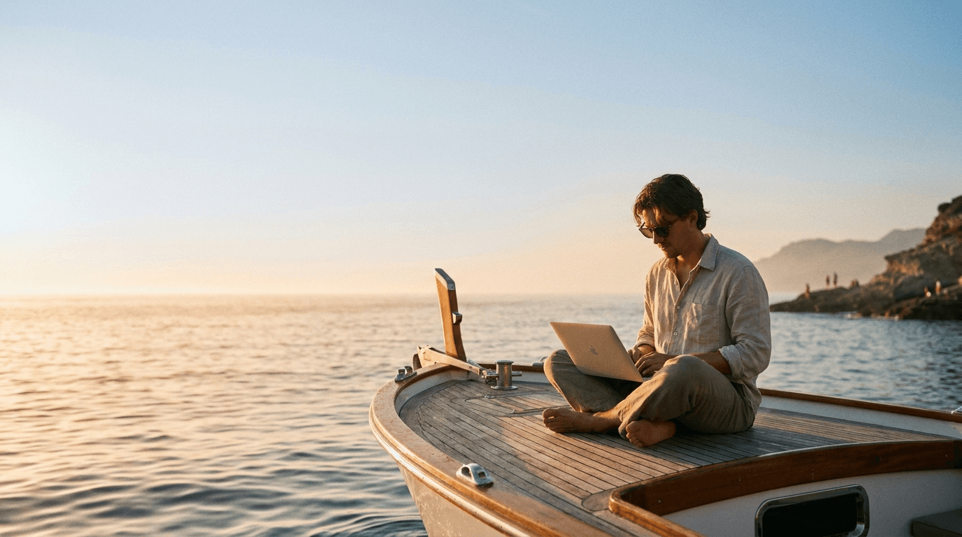 Operator working from the bow of a boat at golden hour